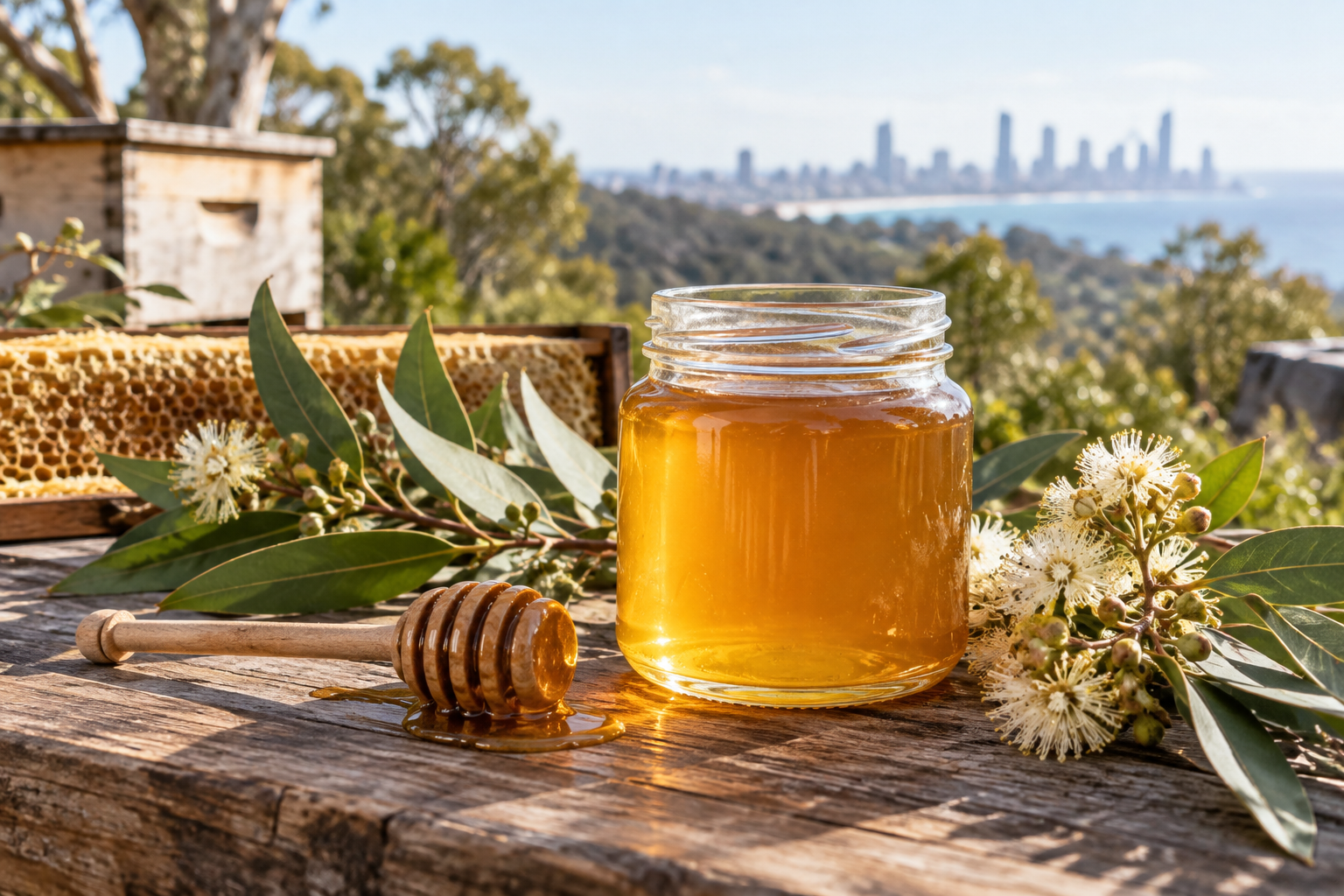 Golden raw Queensland honeycomb and native eucalyptus leaves in a small glass jar