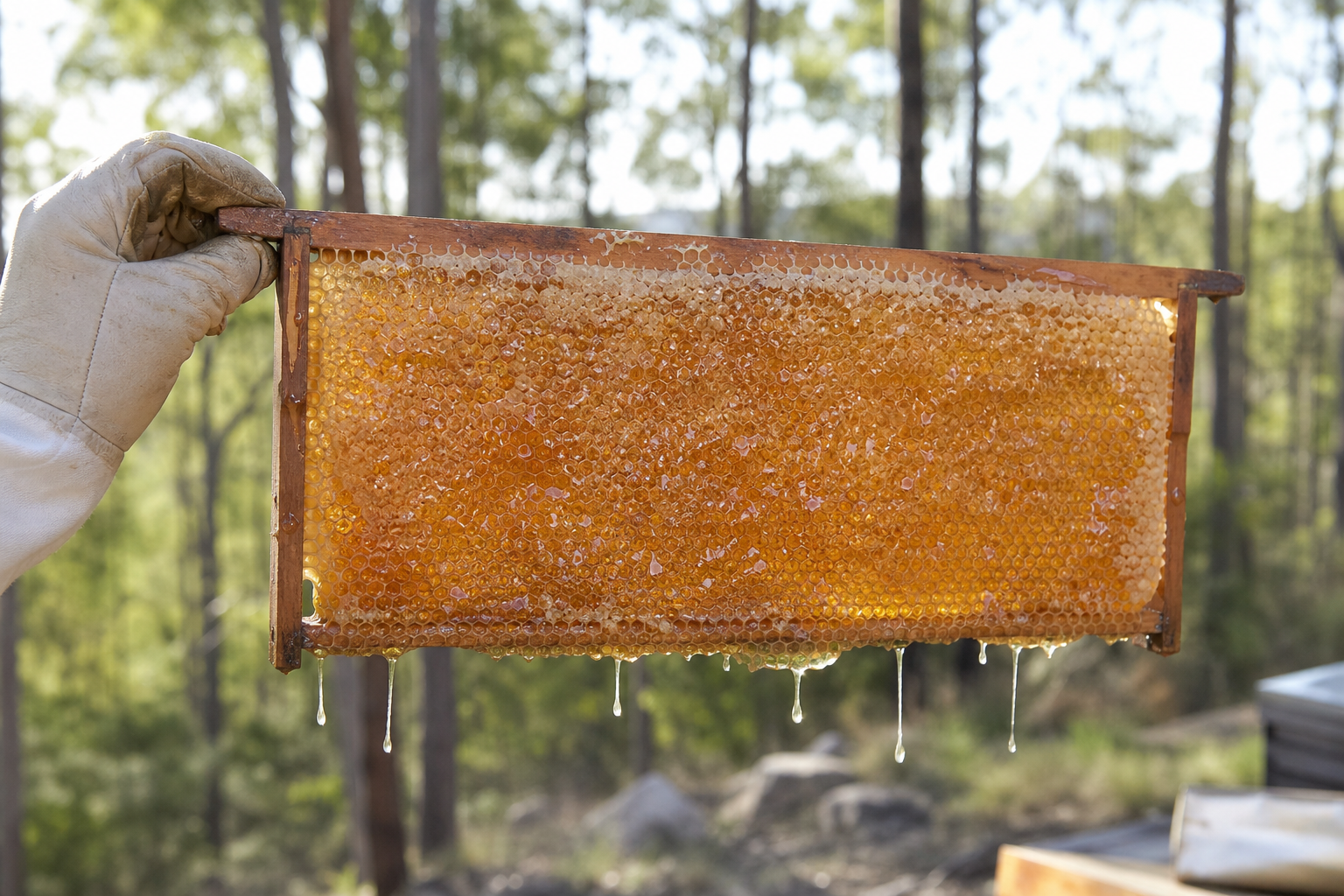 Beekeeper holding a frame of raw honeycomb dripping with unfiltered unheated honey