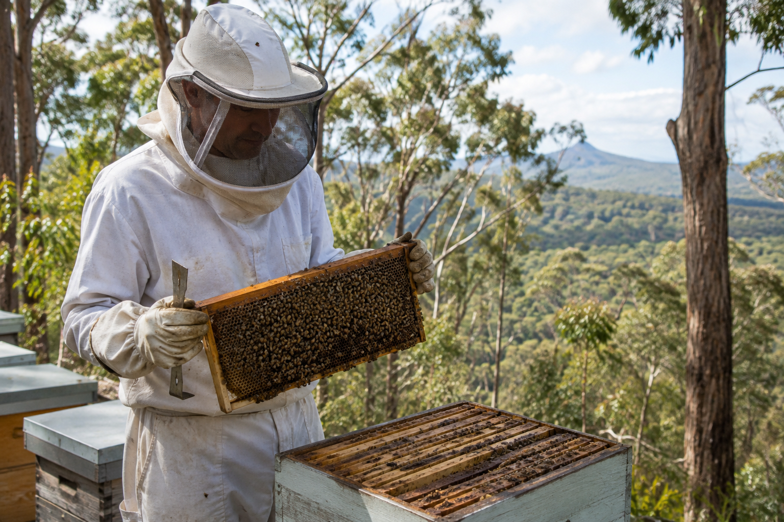 Beekeeper inspecting a native flora hive frame in the Gold Coast hinterland, source of local honey Gold Coast
