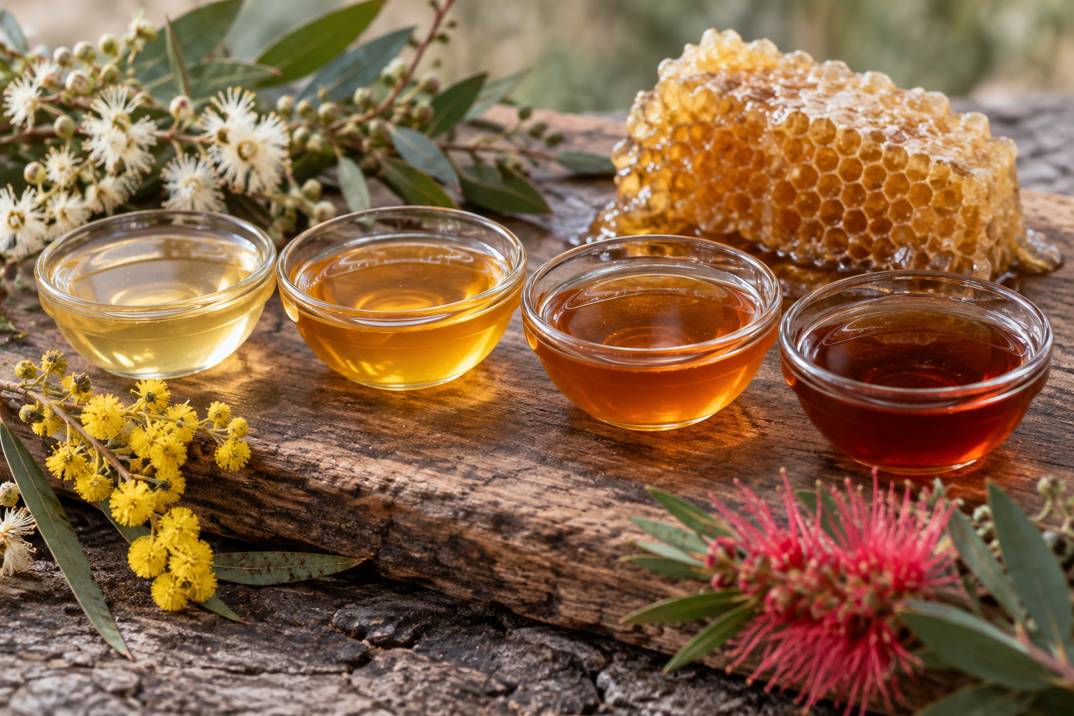 Four Queensland honey varieties from pale to dark amber for a tasting comparison