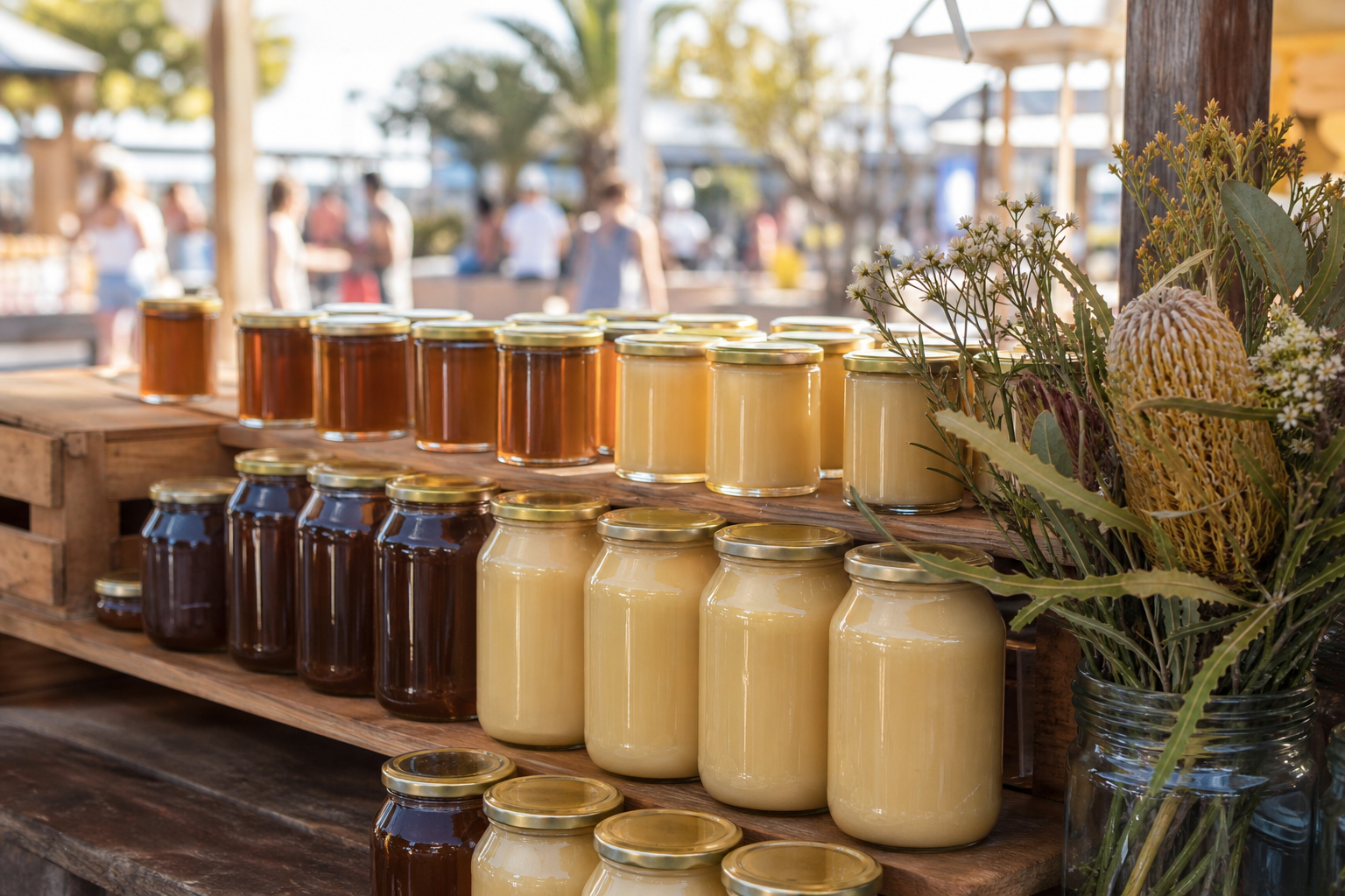 Jars of creamed and raw honey at a Gold Coast market stall with native wildflowers