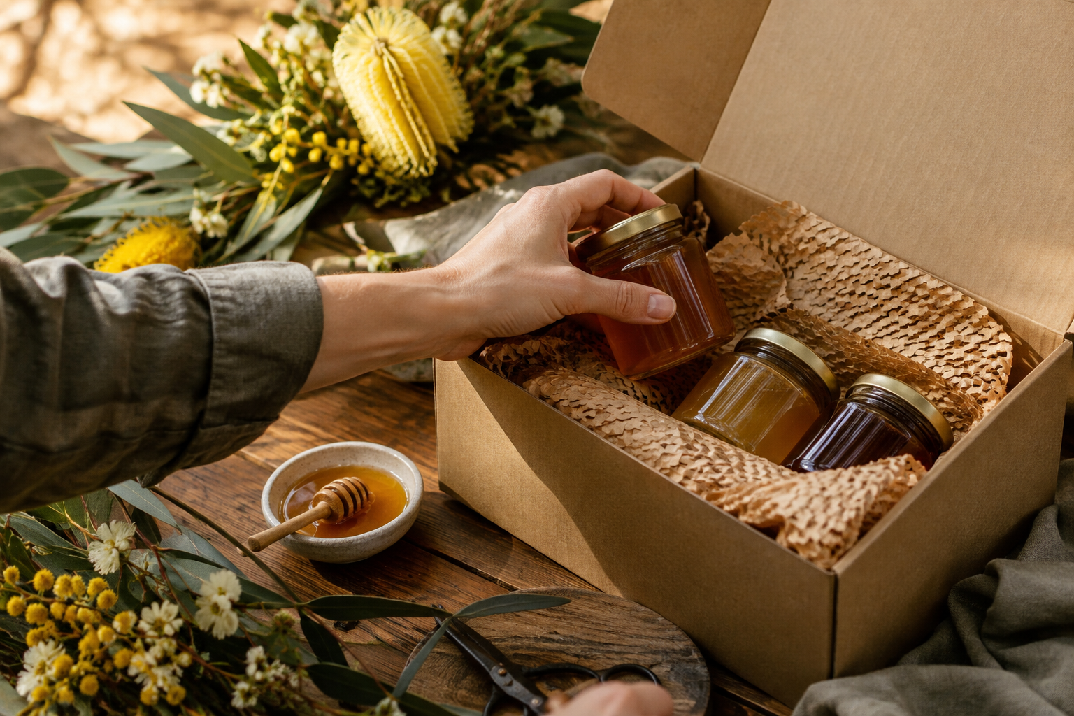 Hand packing raw honey jars into a corporate gift box with native Australian wildflowers