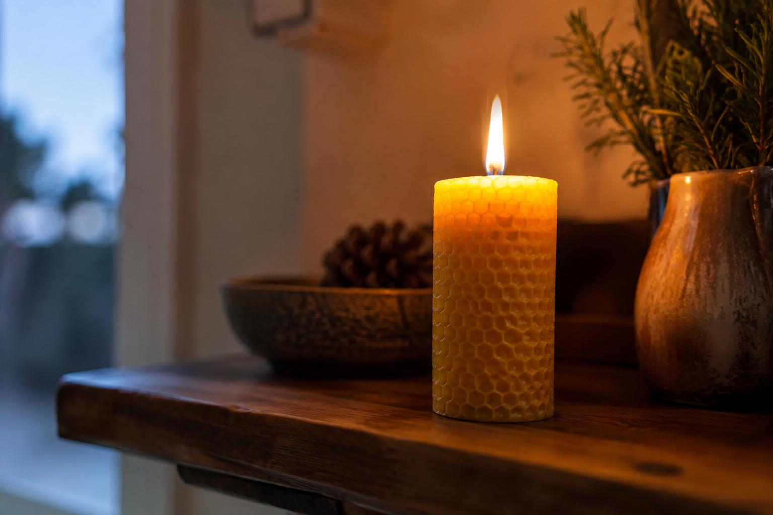 Lit beeswax candle glowing warmly on a wooden shelf, honey-coloured wax