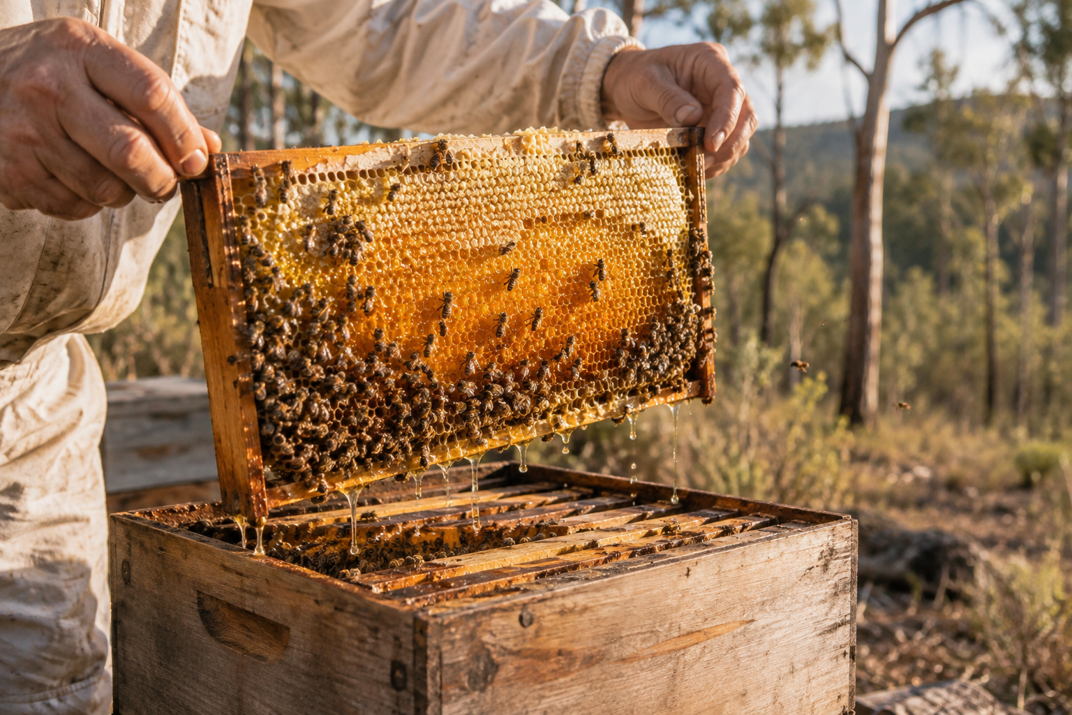Beekeeper lifting a honeycomb frame dripping with golden honey in Queensland ironbark bushland
