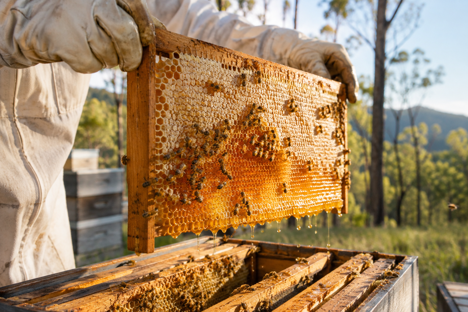 Beekeeper lifting a honeycomb frame from a Queensland hive, source of the health benefits of raw honey