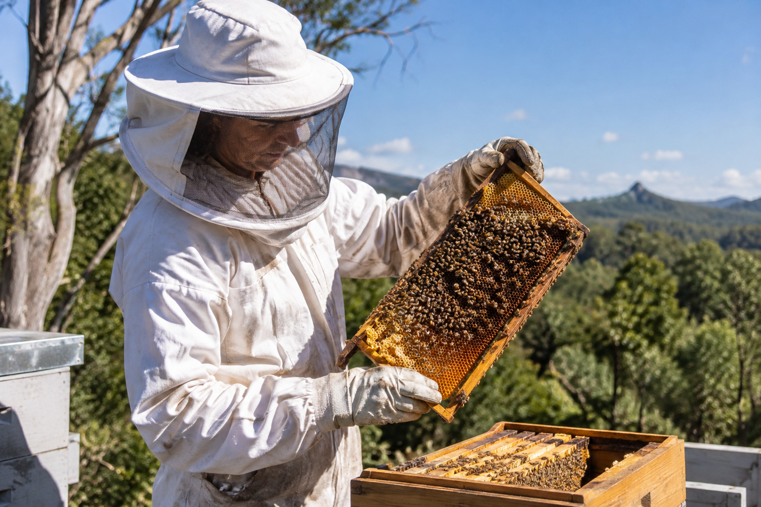 Queensland beekeeper inspecting a honeycomb frame covered in bees, Hinterland hills background