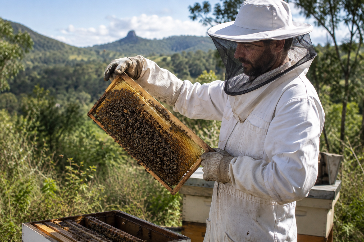 Beekeeper inspecting a hive frame in the Gold Coast hinterland
