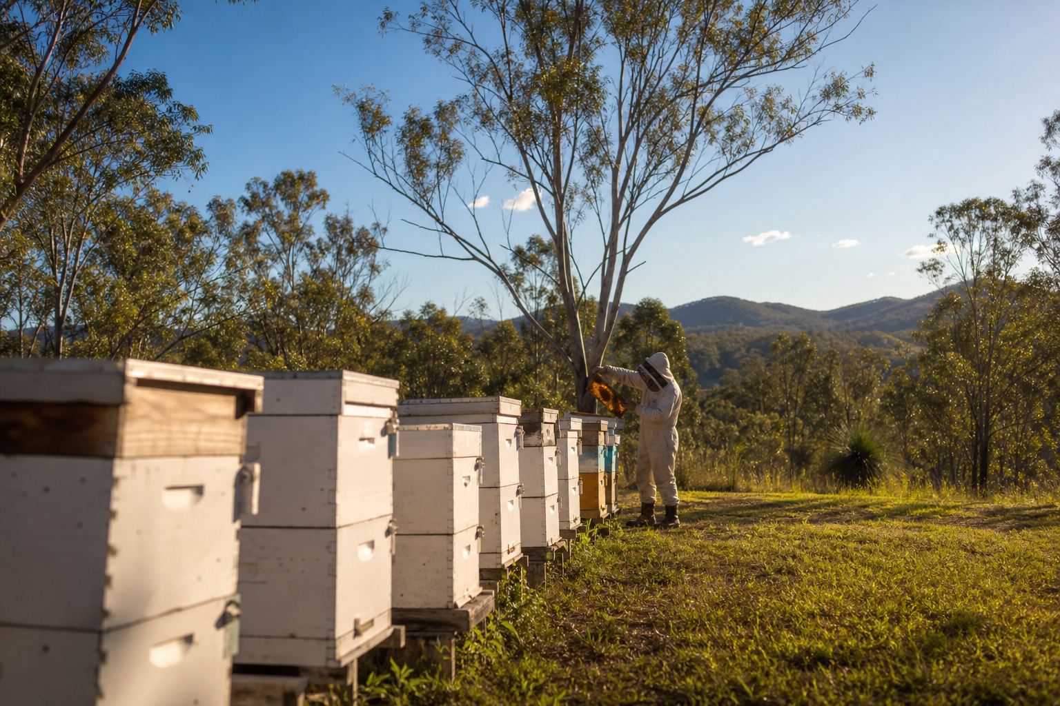 Beekeeper checking hive frames among rows of Queensland beehives in bushland