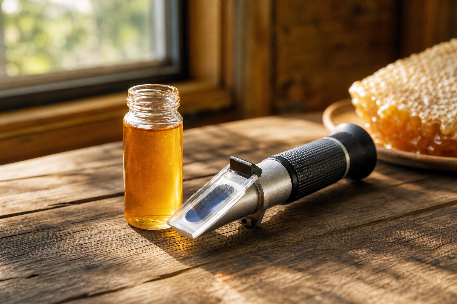 Refractometer and honey sample used to test unfiltered unheated honey for health quality