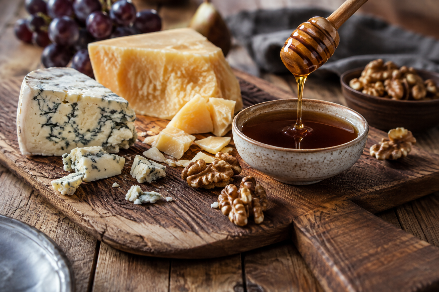 Dark Queensland honey drizzled beside blue cheese and walnuts on a cheese board