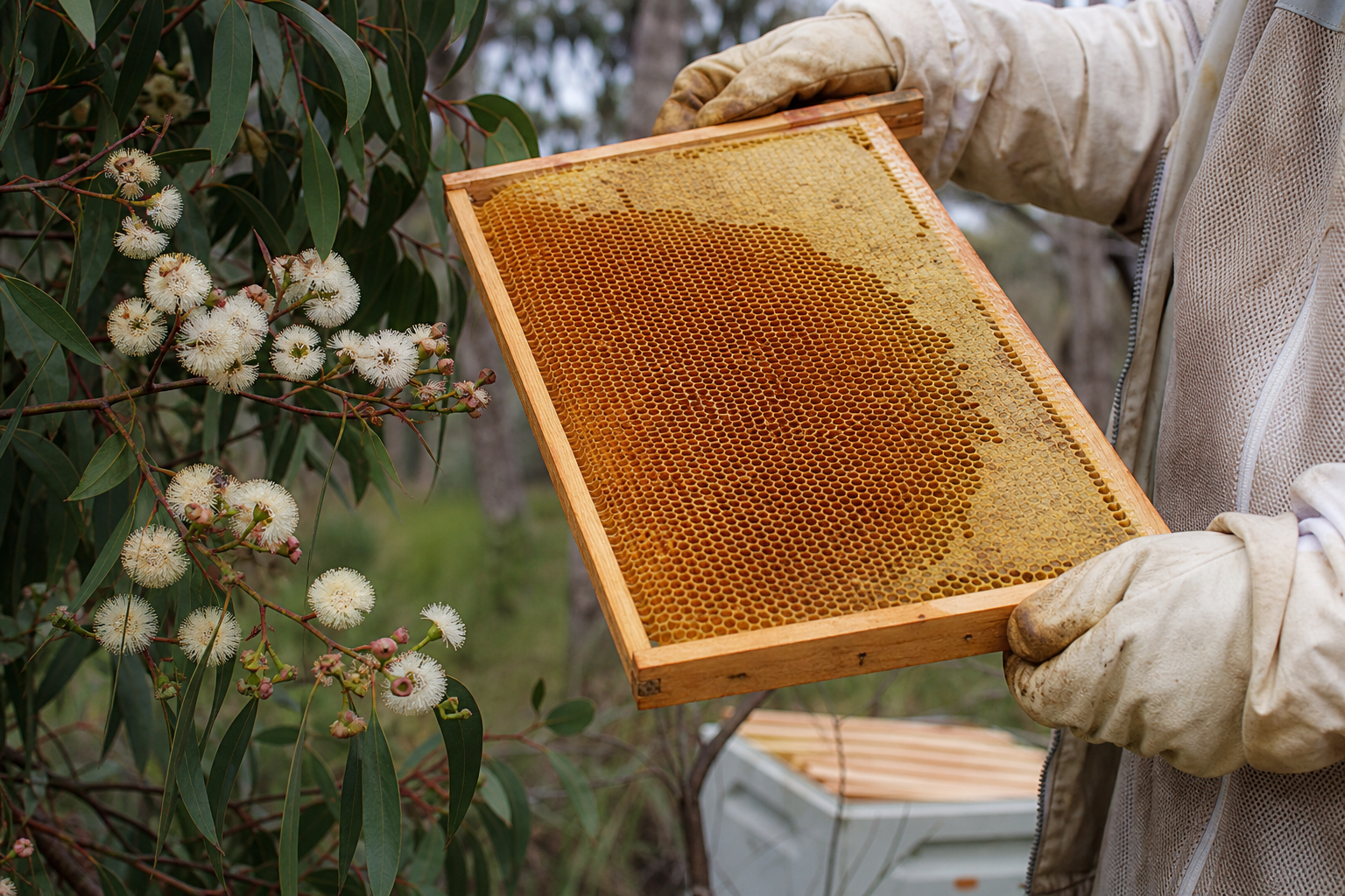 Beekeeper holding a frame of golden honeycomb beside native ironbark blossom in Queensland
