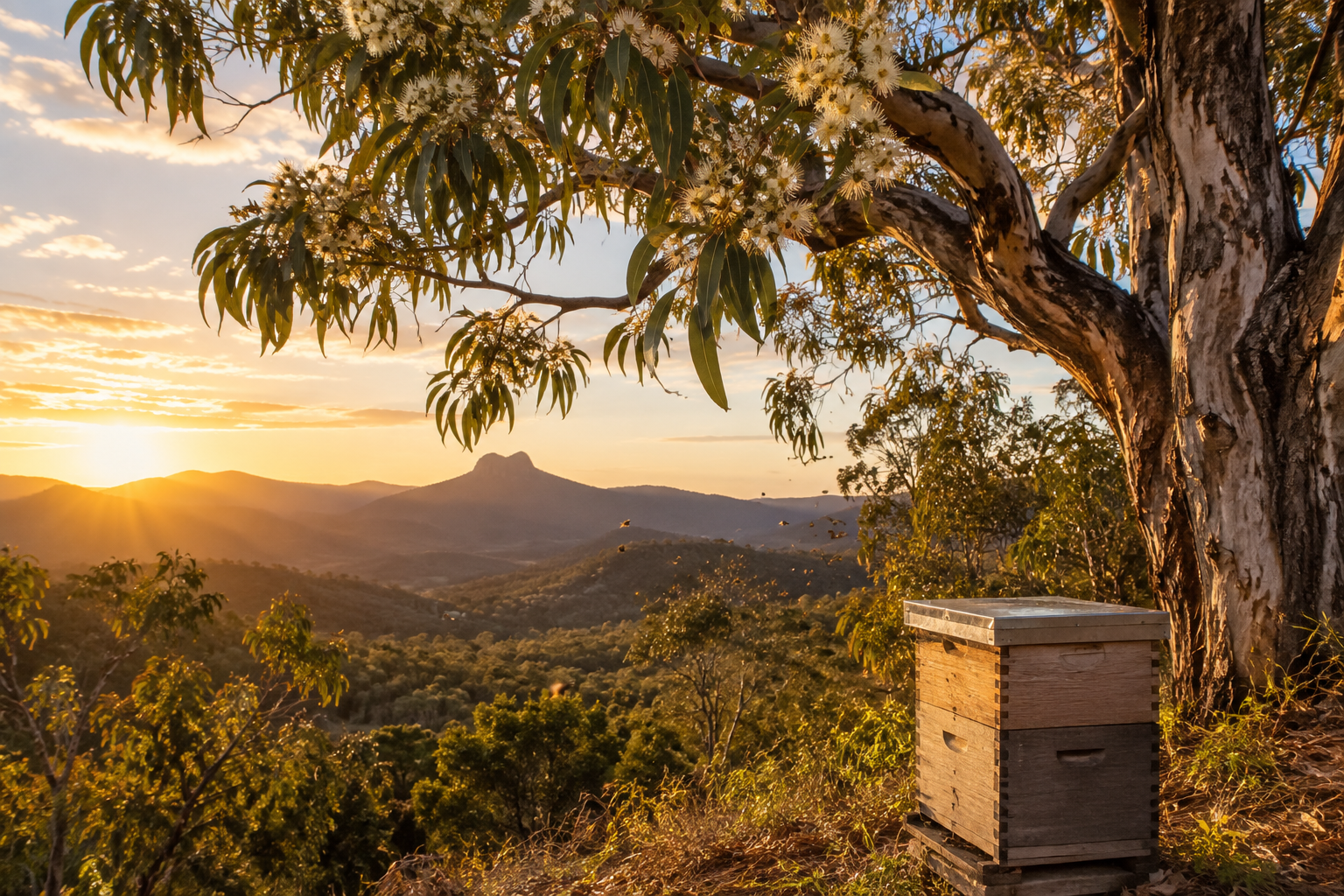 Ironbark eucalyptus trees in blossom over a Queensland hinterland beehive at sunset
