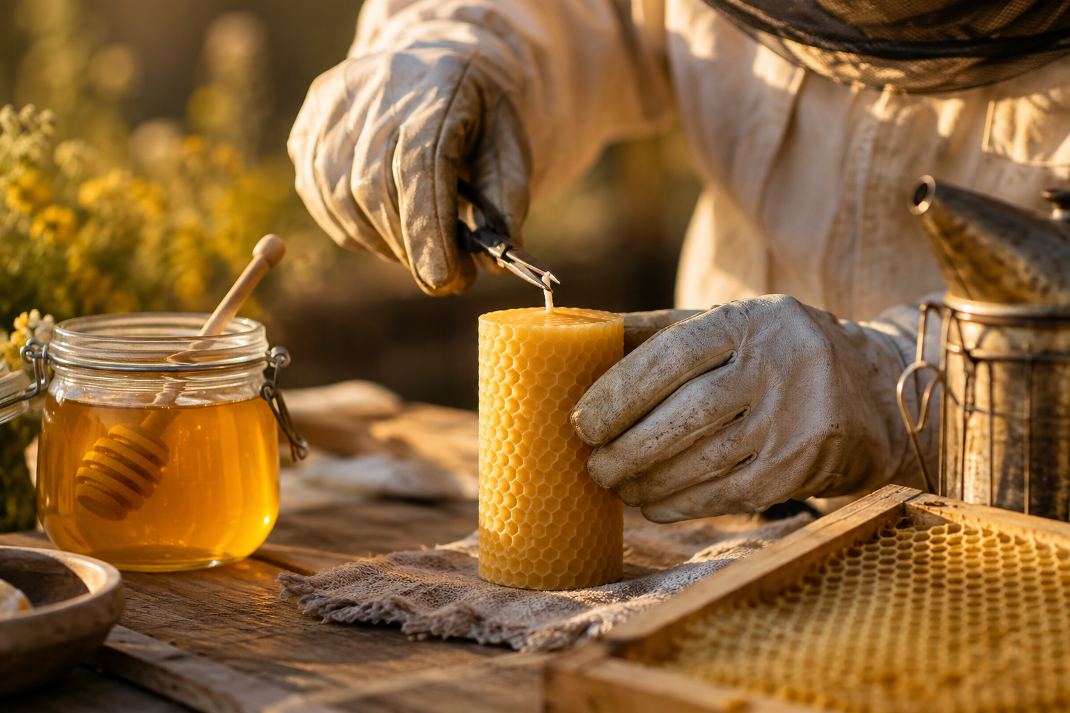 Beekeeper trimming a beeswax candle wick beside a jar of raw honey