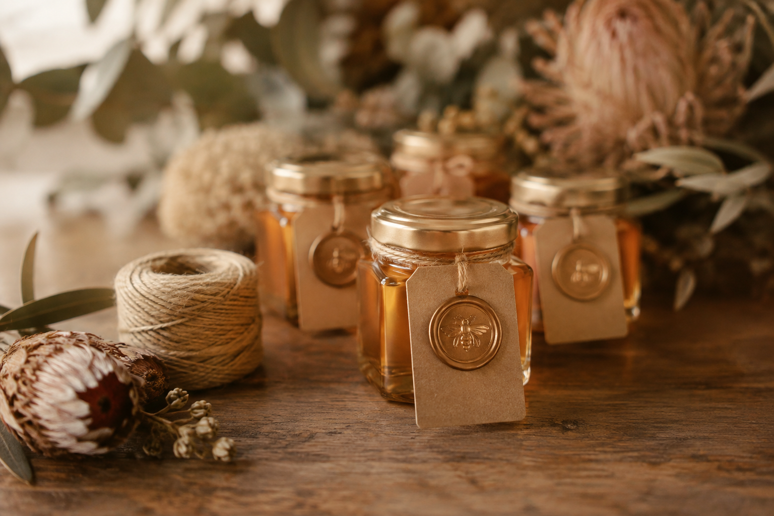 Small glass honey jars styled as wedding favours with kraft labels and wax seals