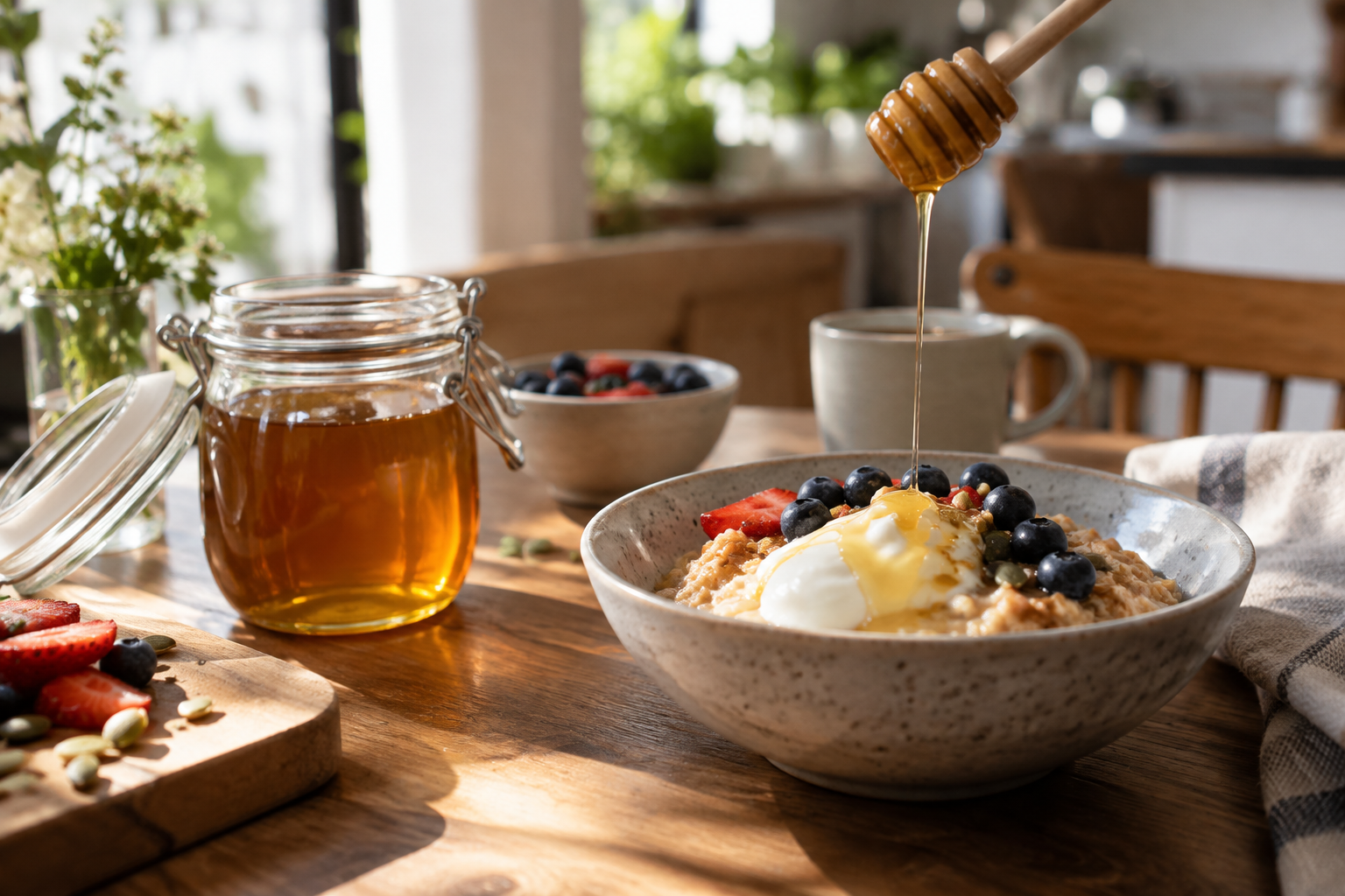 Raw honey drizzled over porridge and yoghurt at breakfast, a simple daily habit for the health benefits of raw honey