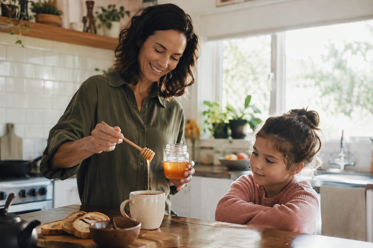 Mother spooning raw honey into tea for her daughter, natural immune-support family habit