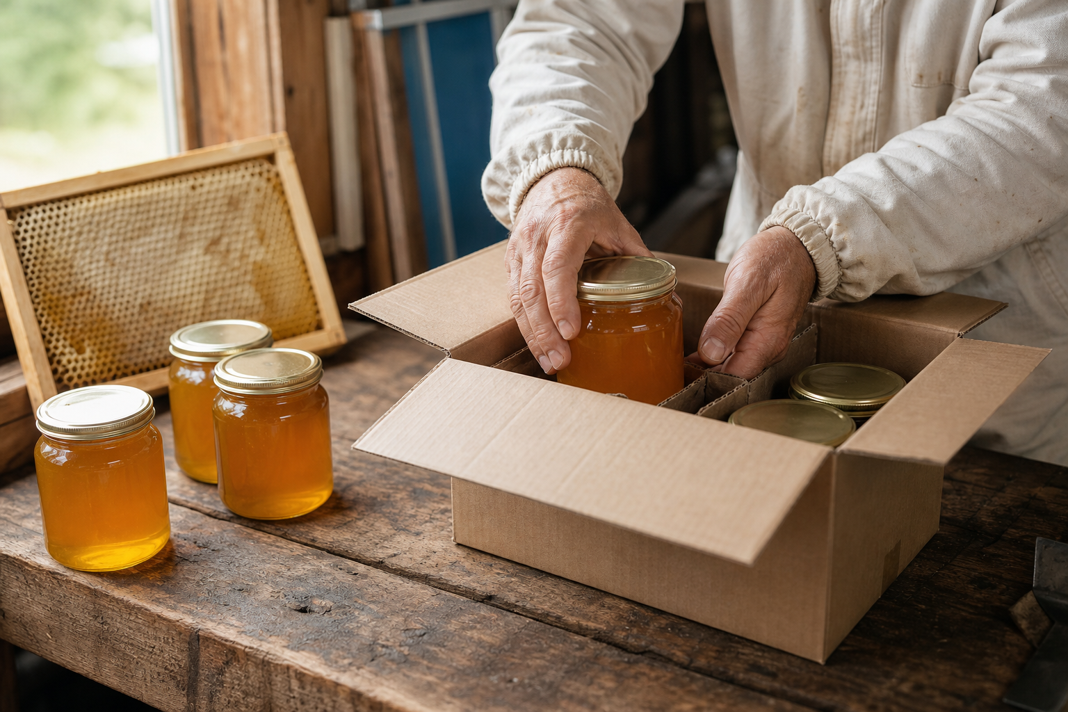 Beekeeper packing multiple jars of bulk raw honey into a shipping box
