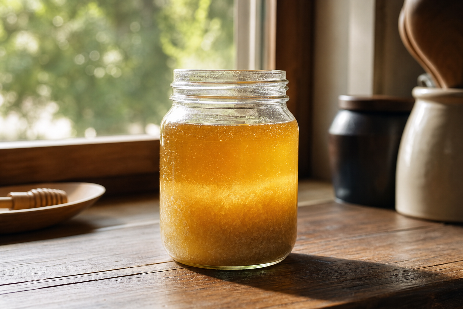 Raw honey crystallising naturally in a jar, a sign of unfiltered unheated honey