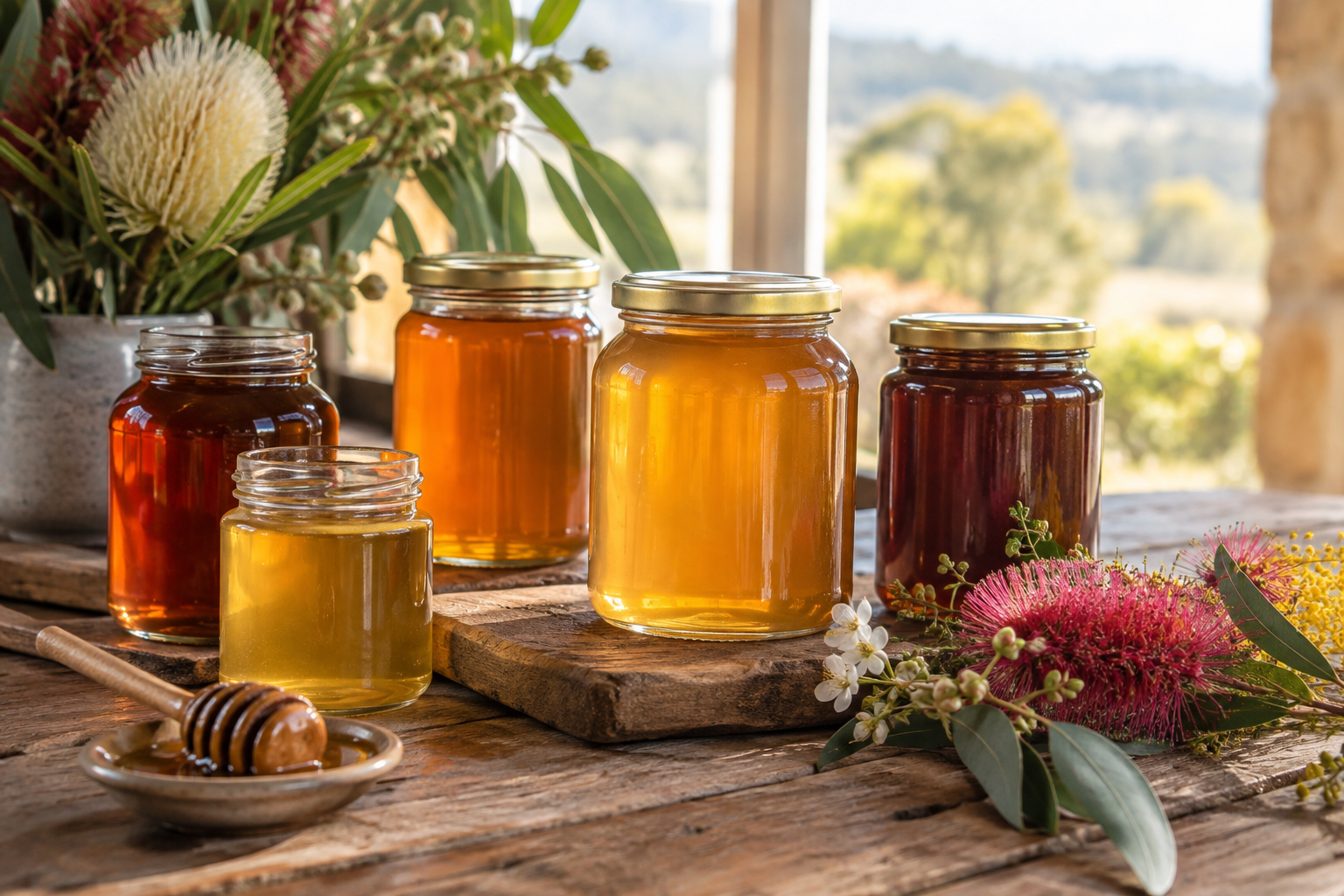 Jars of raw Gold Coast honey varieties from light gold to dark amber on a rustic table