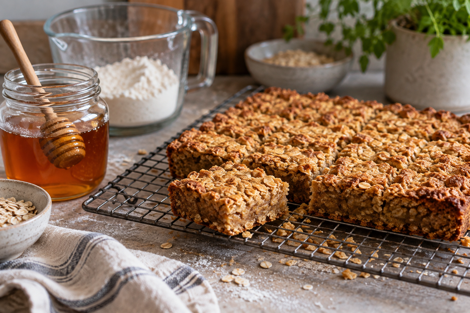 Honey oat slice baked with Ironbark Queensland honey cooling on a rack