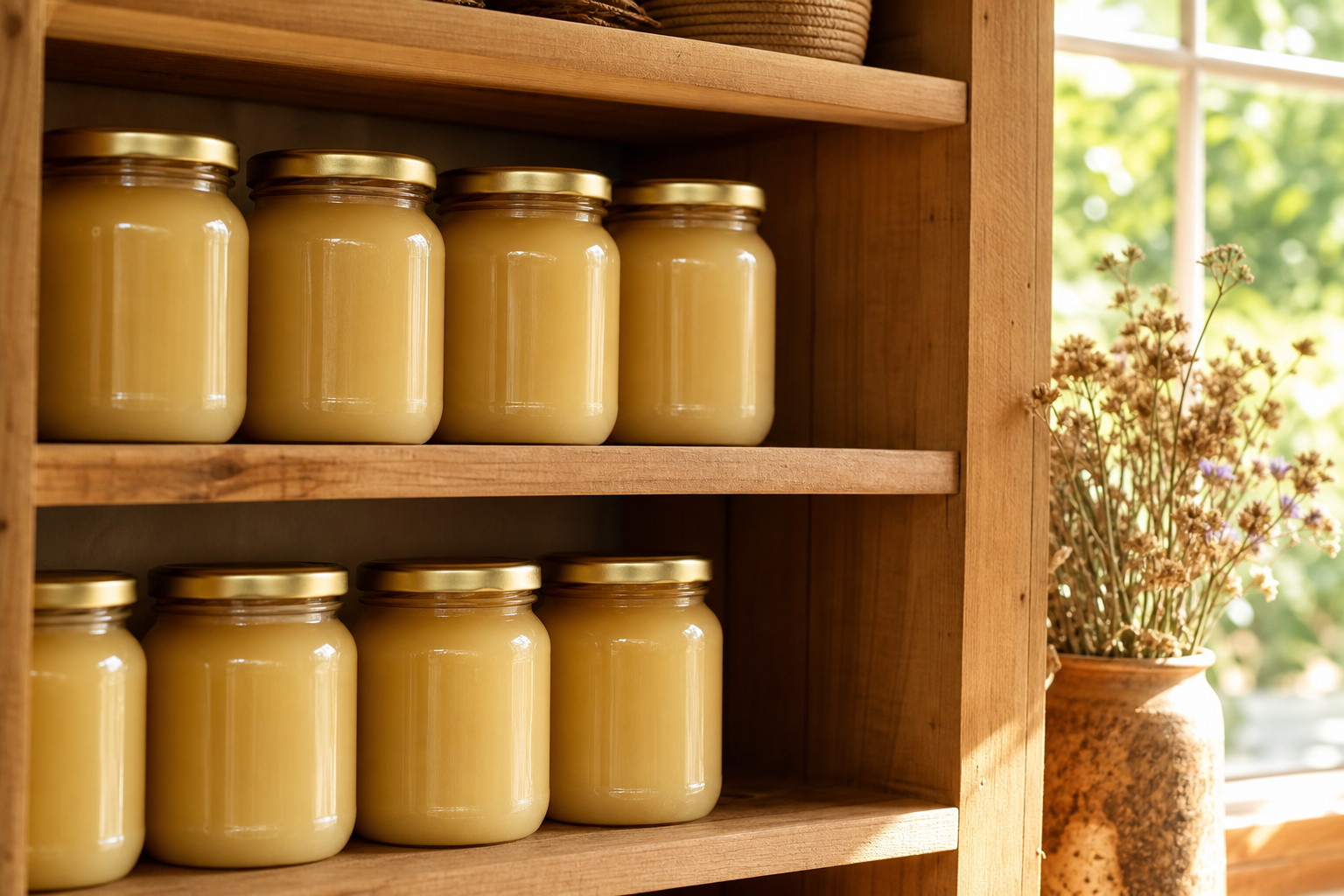 Sealed jars of creamed honey stored at room temperature on a pantry shelf