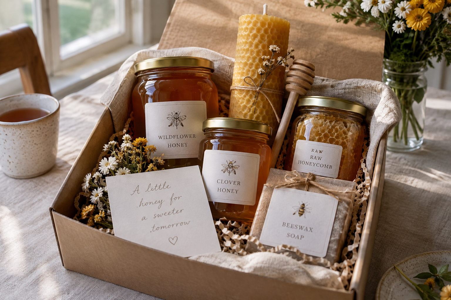 Premium honey gift hamper with beeswax candle and handwritten gift card