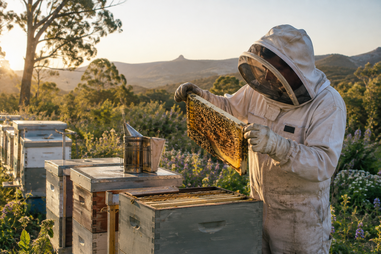 Beekeeper inspecting a beeswax honeycomb frame among Queensland hinterland hives