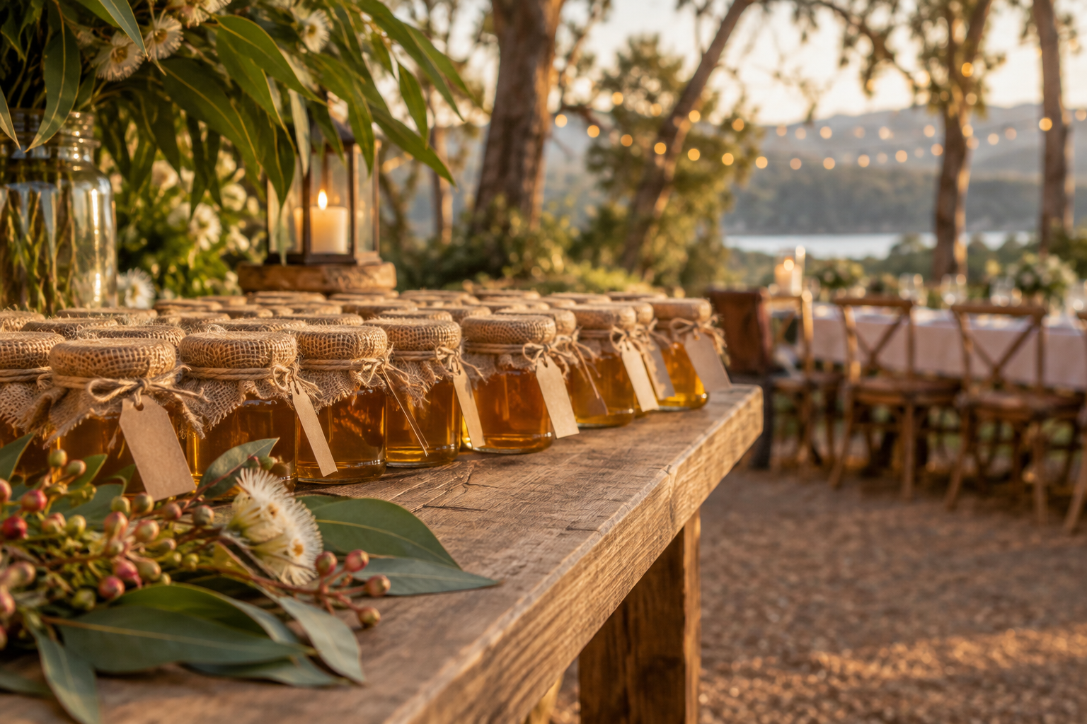 Queensland wedding reception favour table with rows of honey jars at golden hour