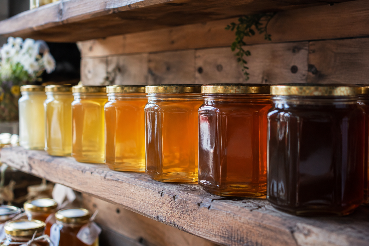 Row of raw honey jars in different shades from pale gold to dark amber on a rustic shelf