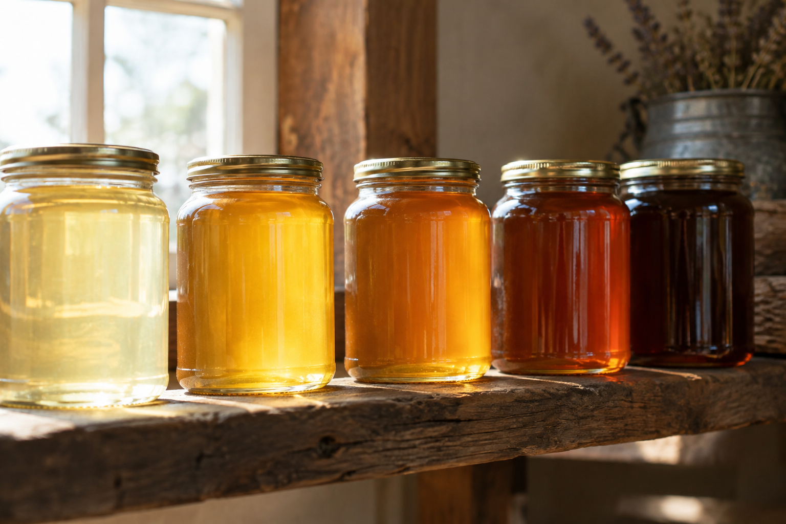 Row of raw honey jars in varying shades of gold and amber on a rustic wooden shelf