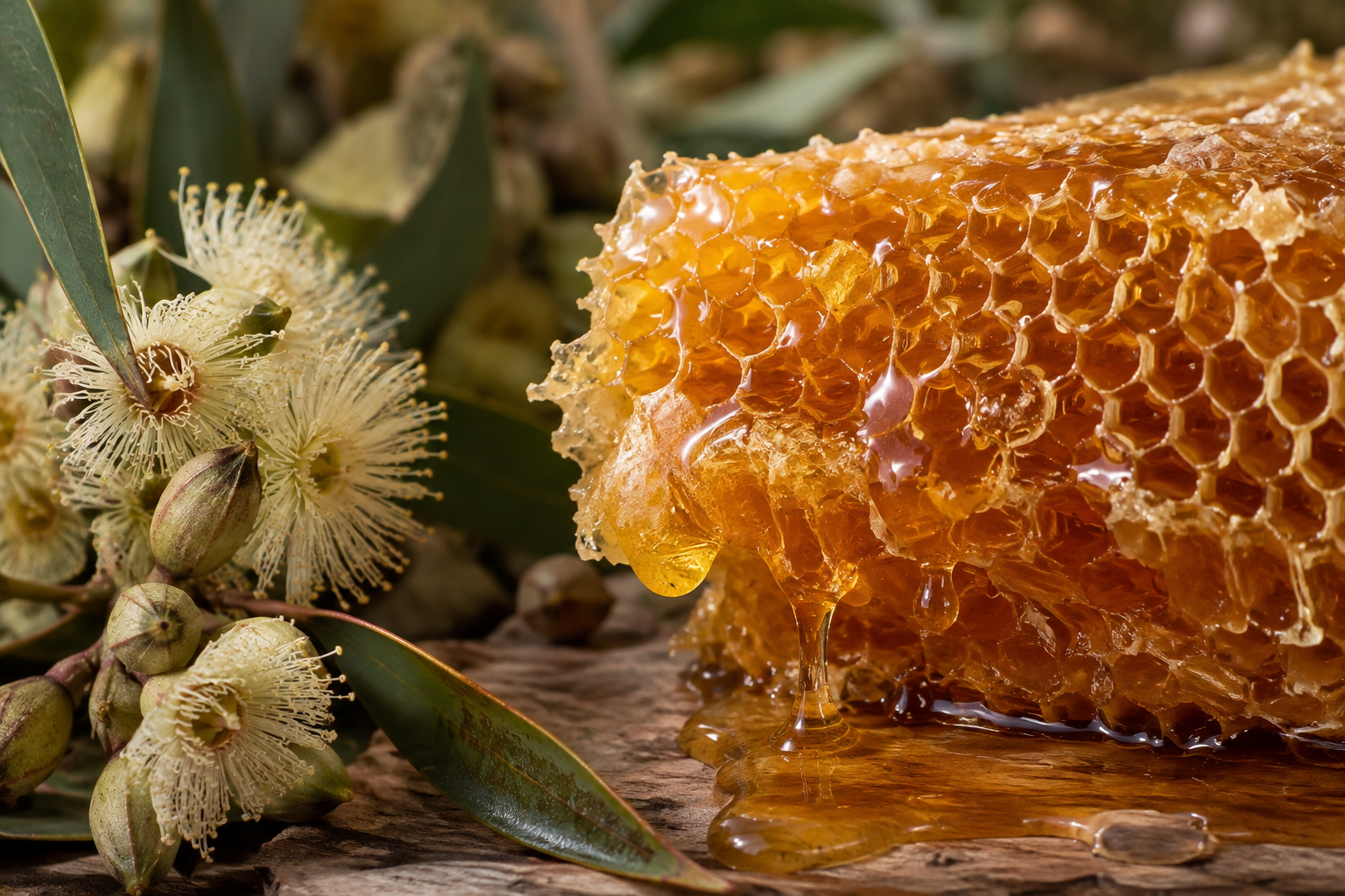 Close-up of raw honeycomb dripping with Gold Coast honey next to ironbark flowers