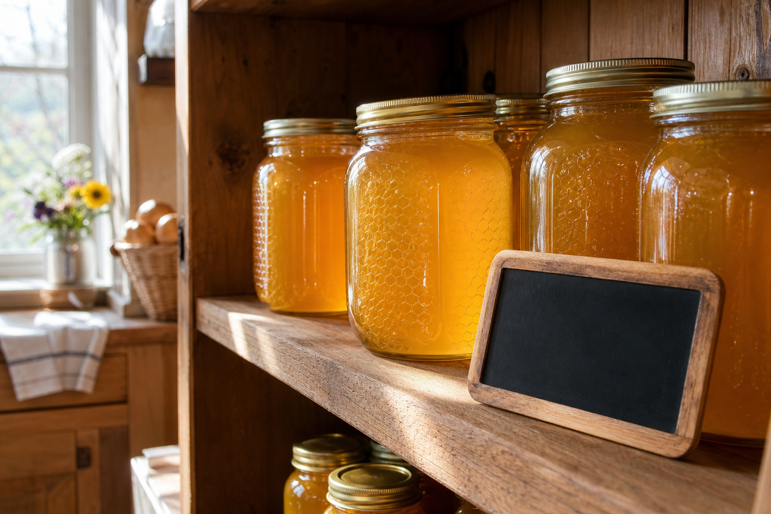 Pantry shelf stocked with multiple jars of bulk raw honey Queensland buyers keep on hand