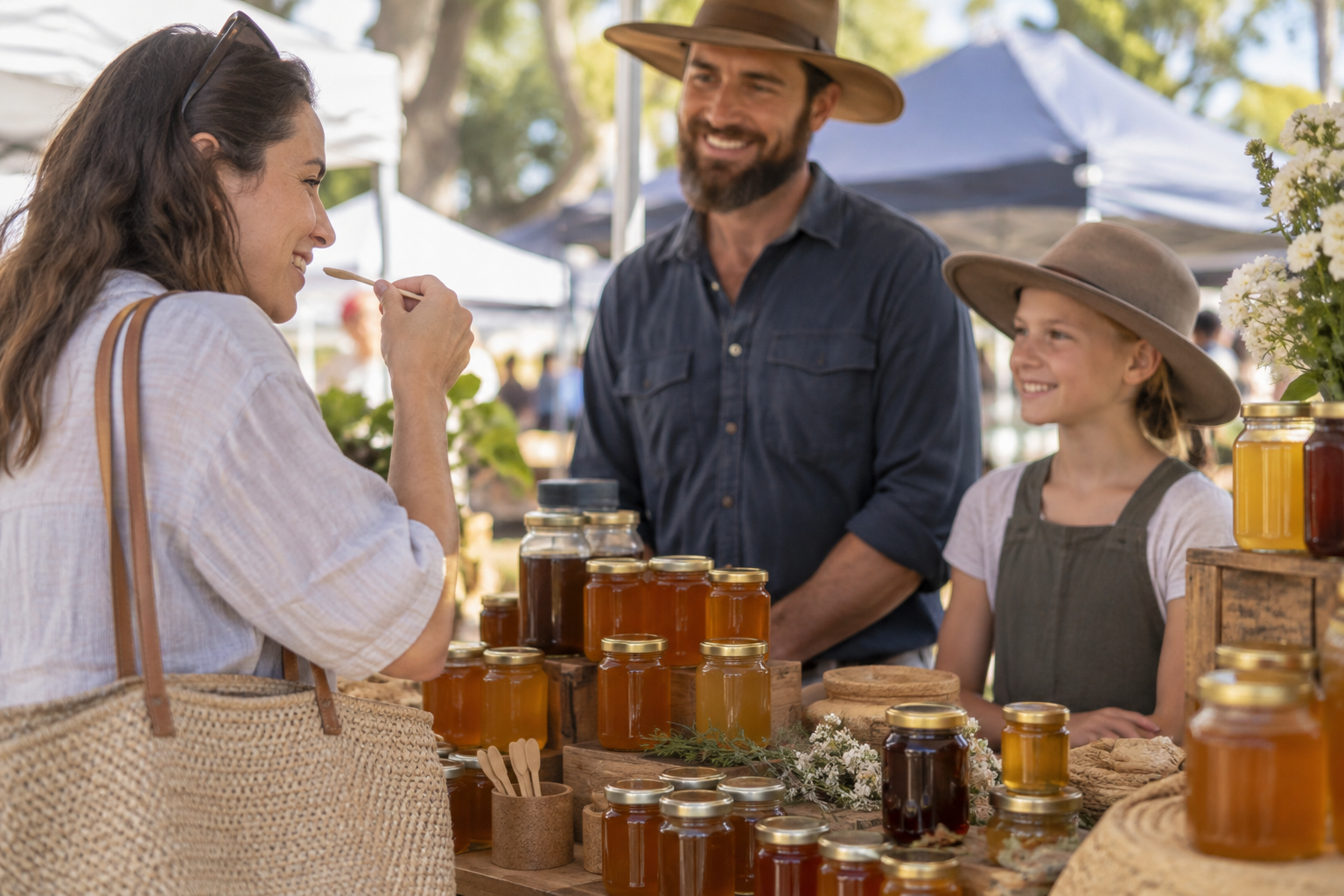 Family-run honey stall at a Gold Coast pop-up market selling local raw honey
