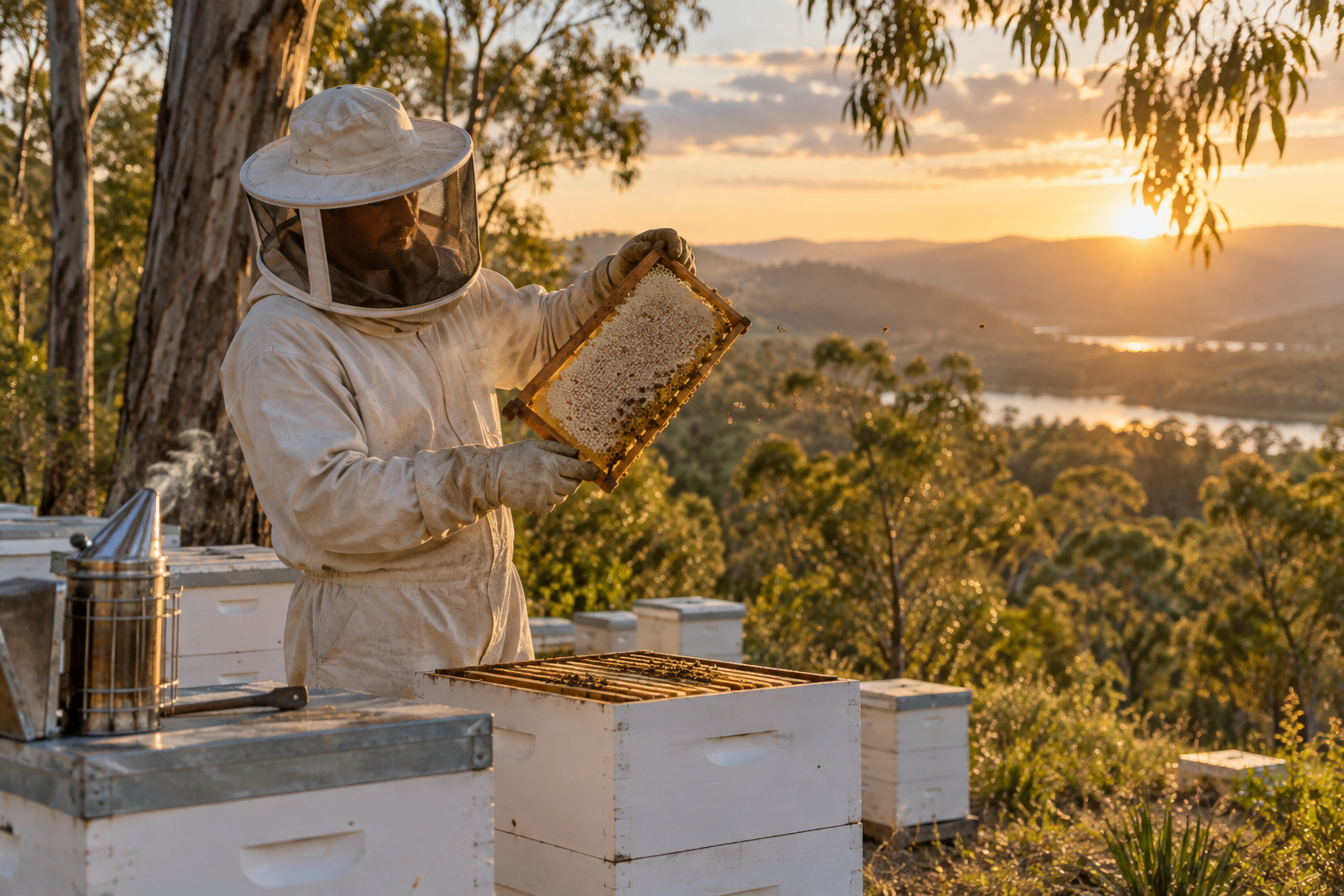 Beekeeper inspecting capped honeycomb at hives in South East Queensland bushland
