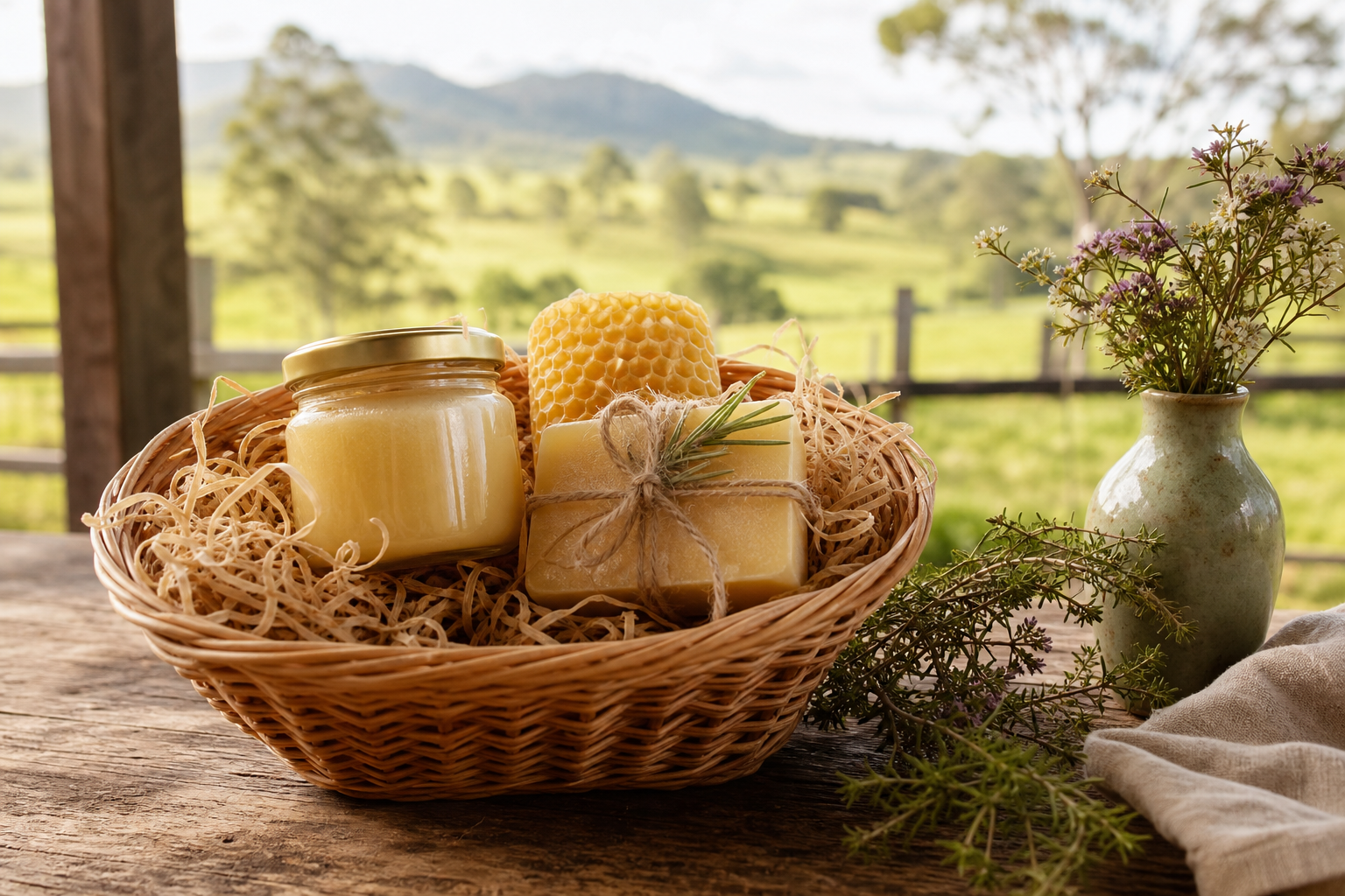 Gift hamper with creamed honey jar, beeswax candle and natural soap on a Queensland farm table