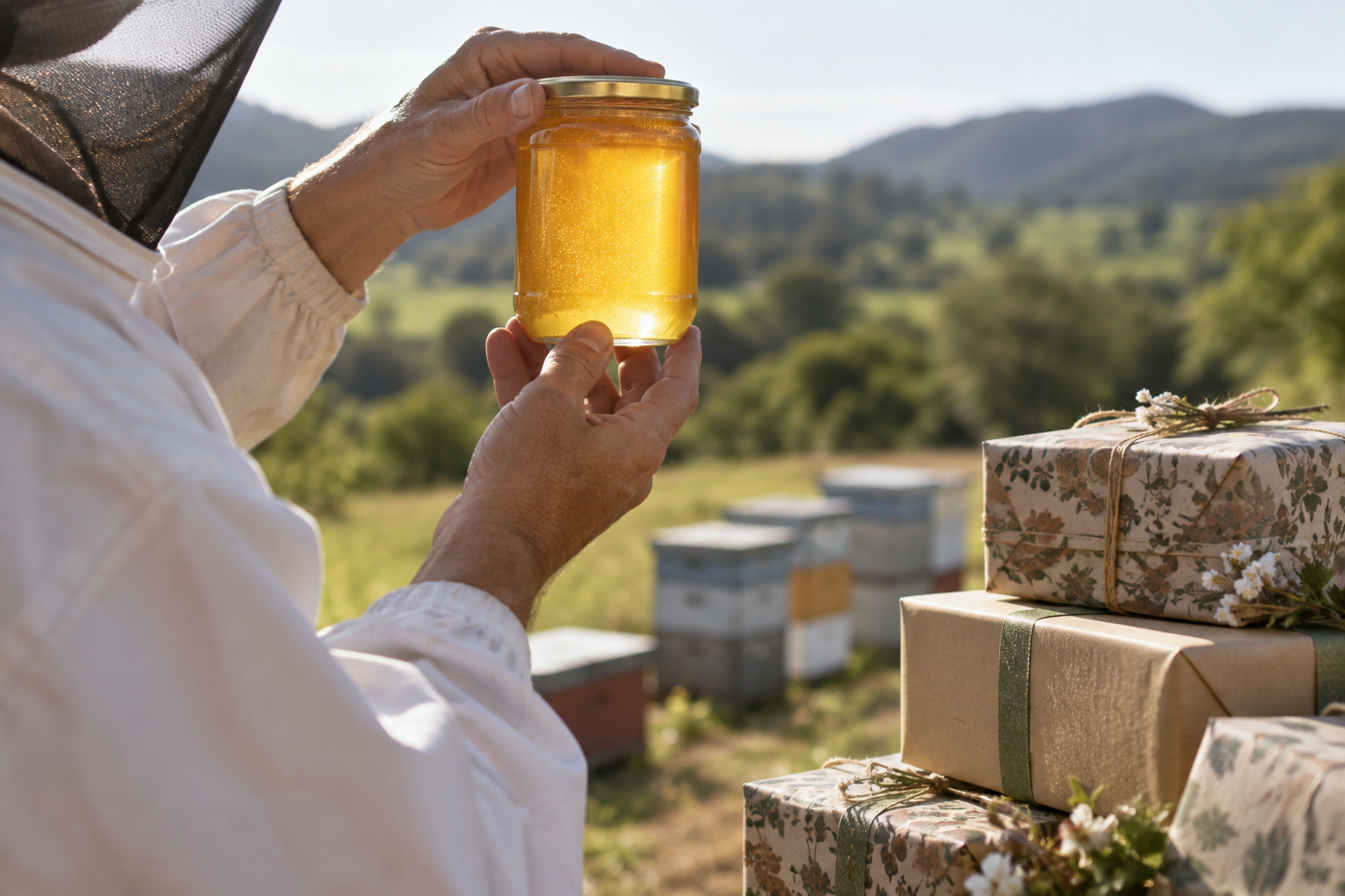 Beekeeper holding a jar of raw Queensland honey beside wrapped corporate gift boxes