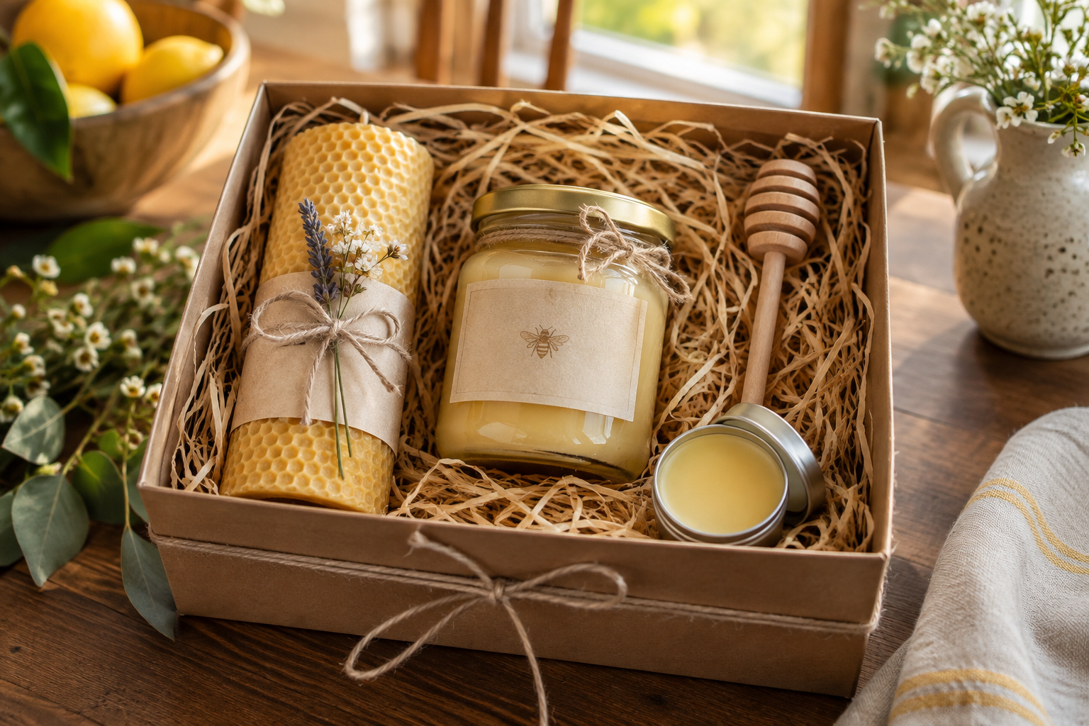 Gift hamper with beeswax candle, creamed honey jar, honey dipper and beeswax balm