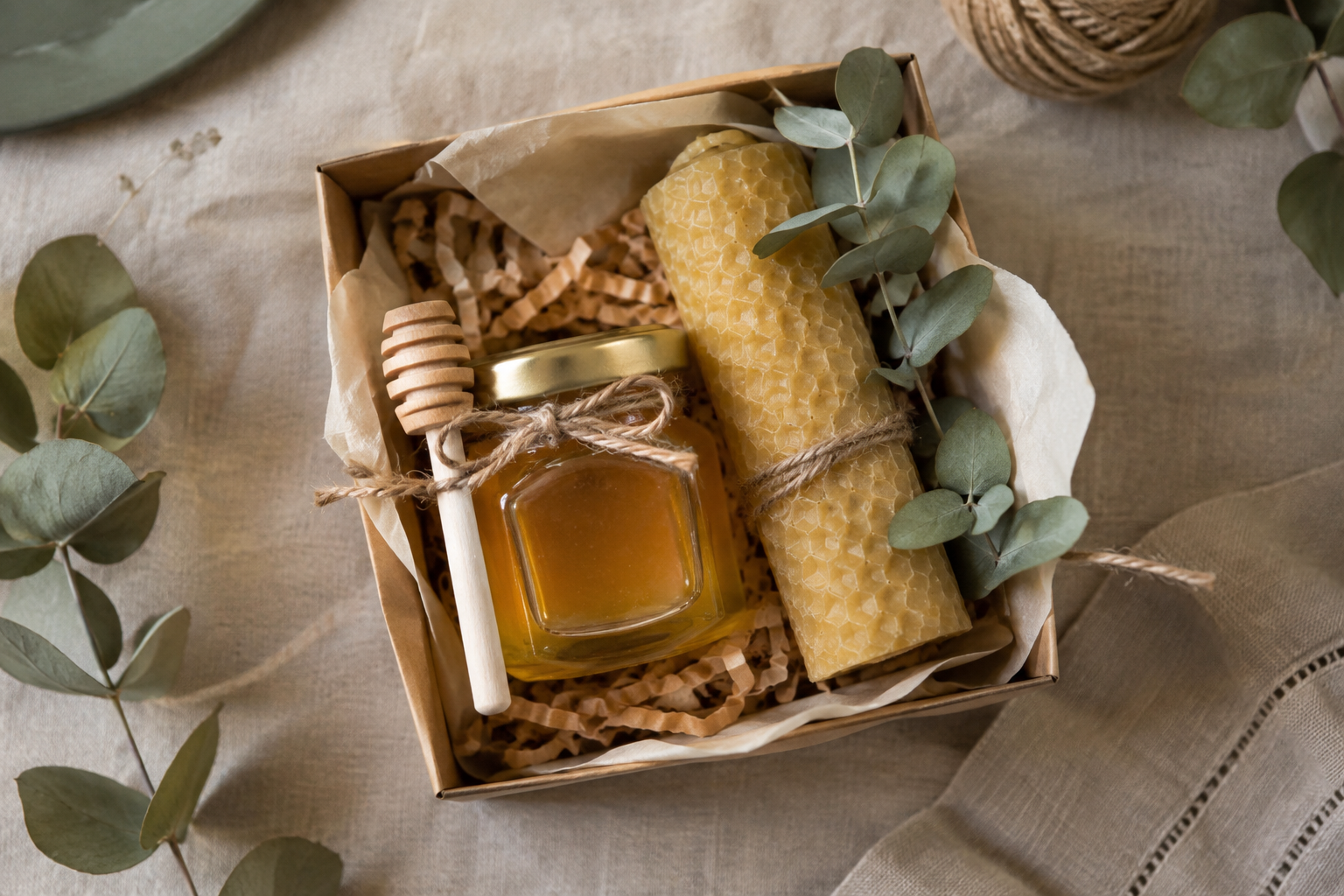 Flat lay of a wedding favour gift set with honey jar, beeswax candle and dried eucalyptus