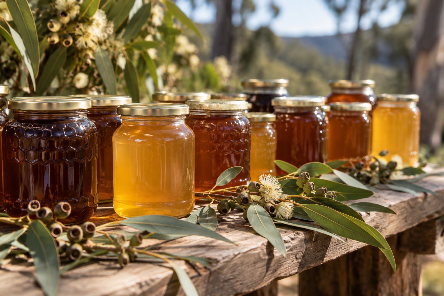 Assorted jars of raw Gold Coast honey in different colours