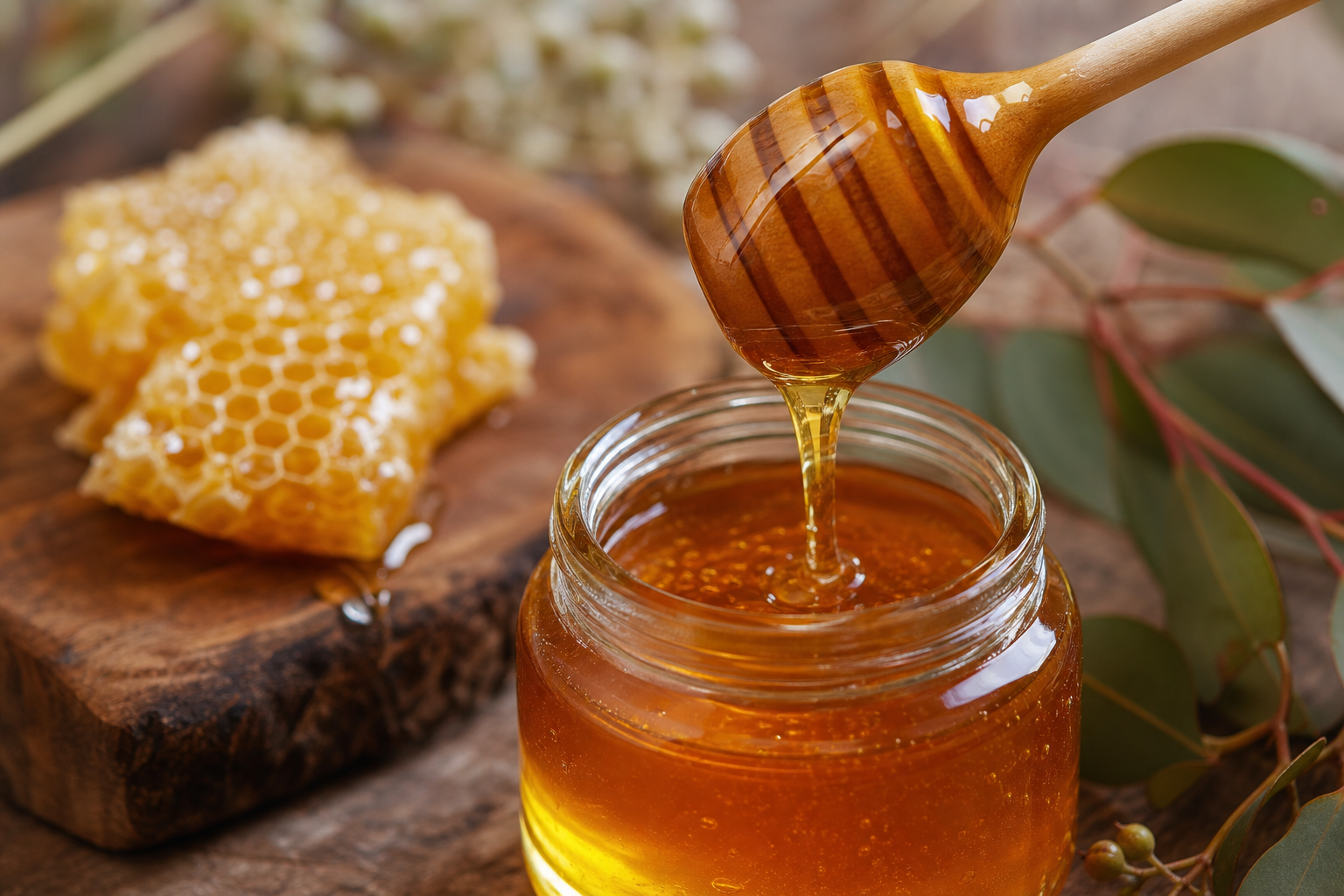 Raw Queensland honey being drizzled from a dipper into a jar beside honeycomb