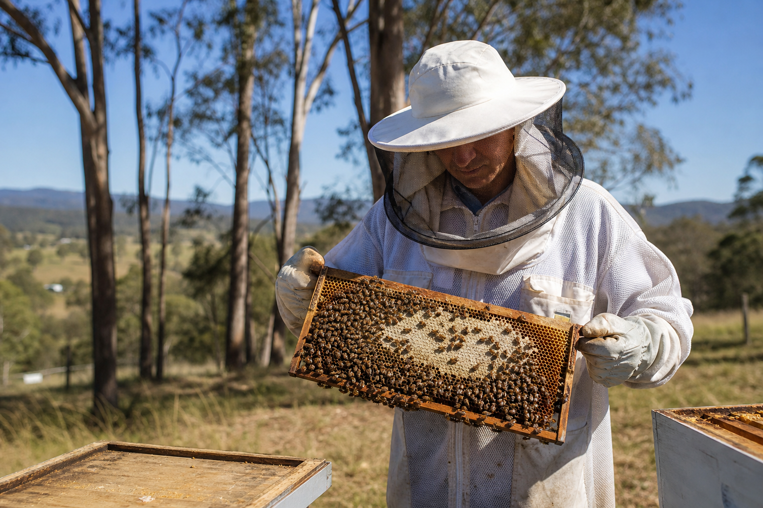 Beekeeper inspecting a honeycomb frame on a Queensland apiary