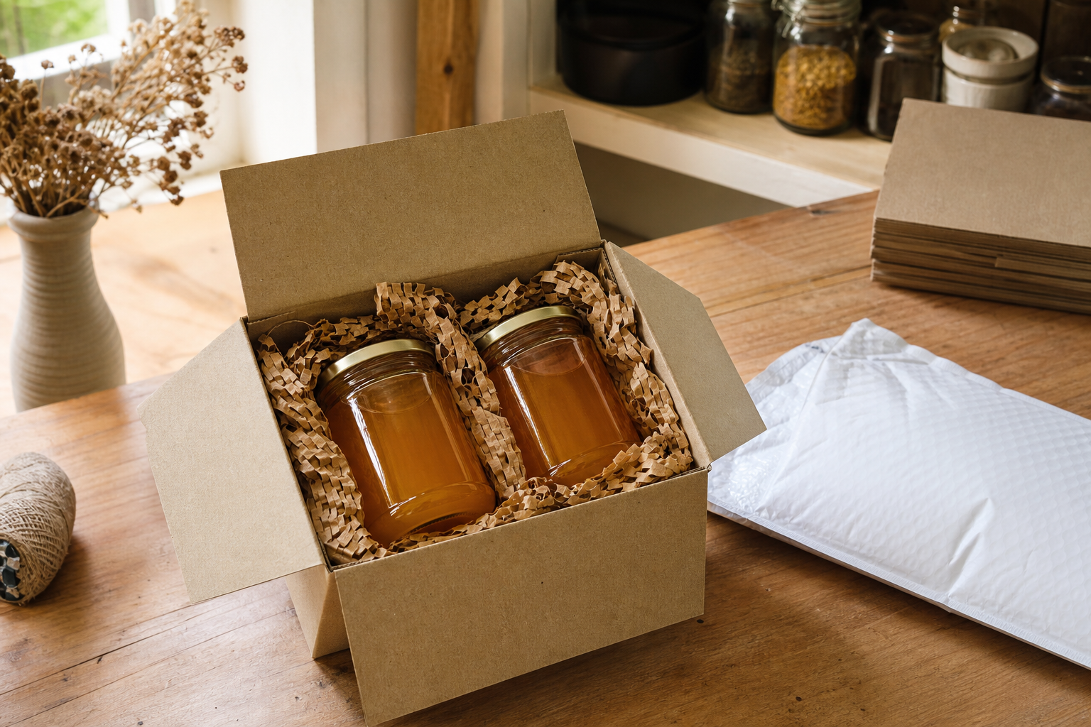 Two jars of raw honey packed carefully in a shipping box ready for Australia Post delivery