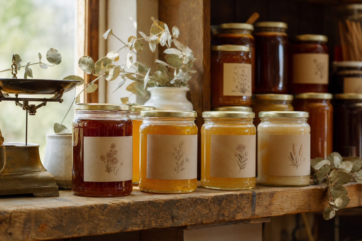 Different varieties of raw Australian honey in labelled jars on a rustic wooden shelf