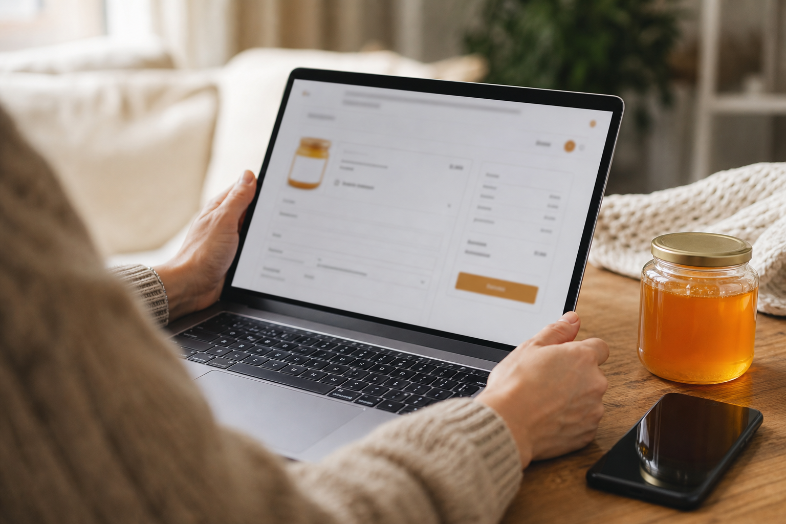 Buying raw honey online from a laptop checkout with a jar of honey on the table