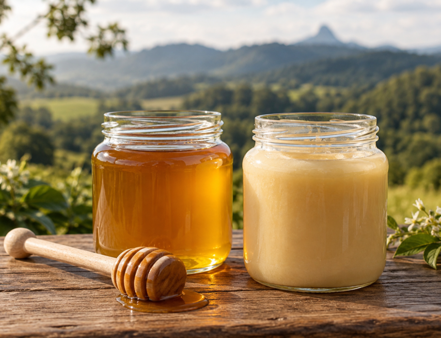 Jars of liquid and crystallised raw honey on a timber table with Queensland hinterland hills behind