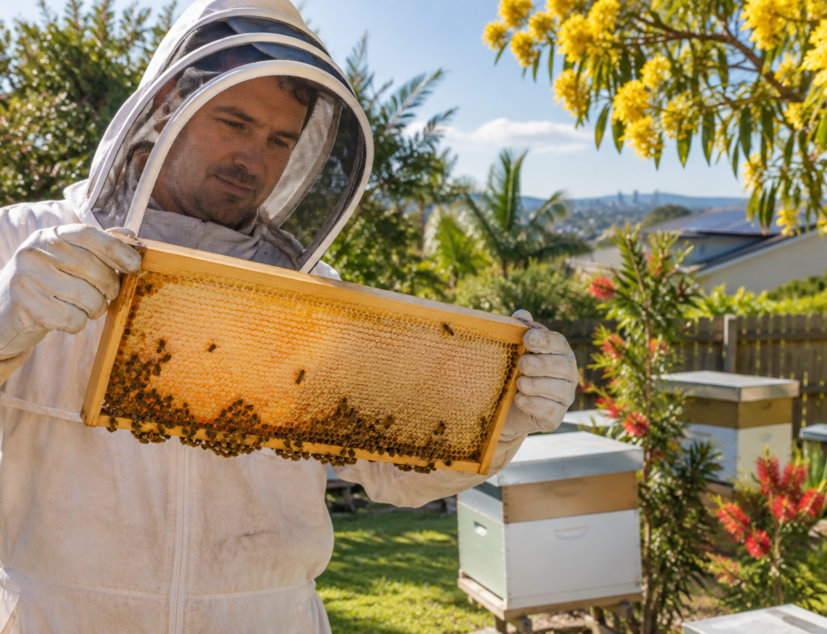 Beekeeper holding a frame of golden honeycomb in a suburban Queensland backyard