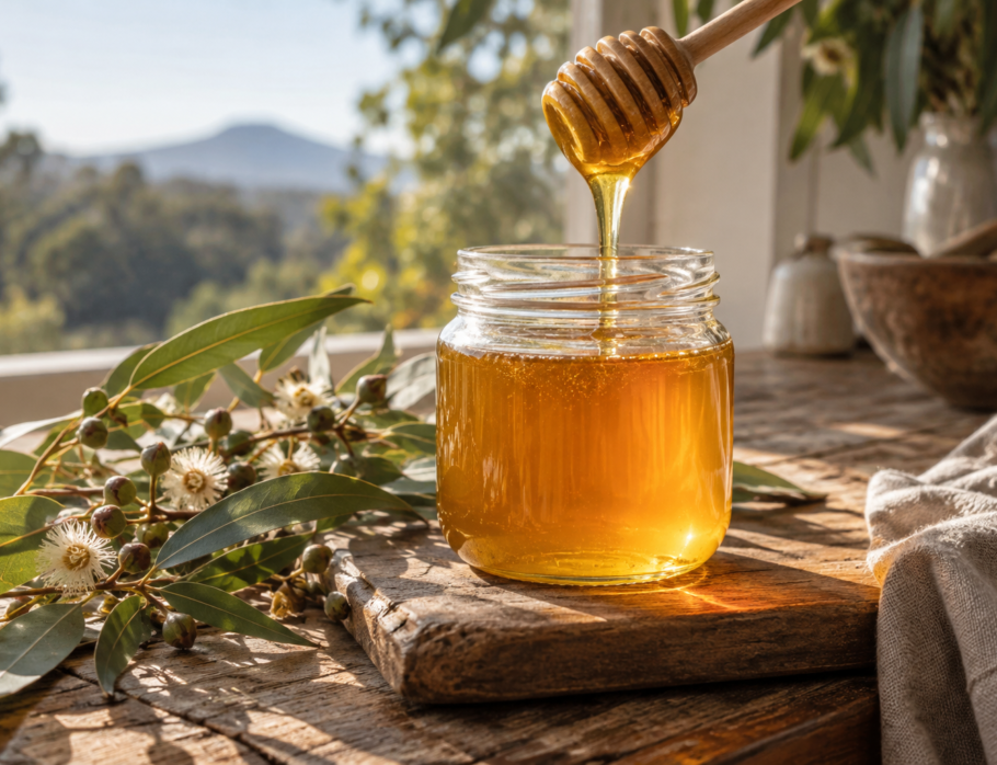 Jar of raw golden honey with a wooden dipper on a Gold Coast kitchen bench