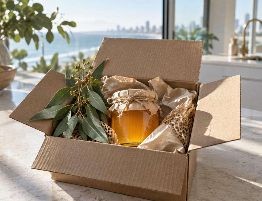 Hand-packed parcel with a jar of raw golden honey ready for delivery on the Gold Coast