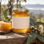 Jar of raw golden honey with honeycomb and eucalyptus leaves on a wooden bench