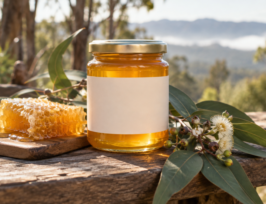 Jar of raw golden honey with honeycomb and eucalyptus leaves on a wooden bench